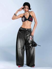 Betty Boop | ROMWE Pattern Embroidered With Gothic Cross & Vine Rose Distressed Wash Oversized Straight Leg Extra Long Y2K Jeans - Black - View 6