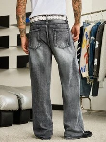 Manfinity Roghcode Jeans casual lavati neri a gamba larga e taglio dritto, effetto vissuto, per primavera/estate - nero - Visualizzare 2