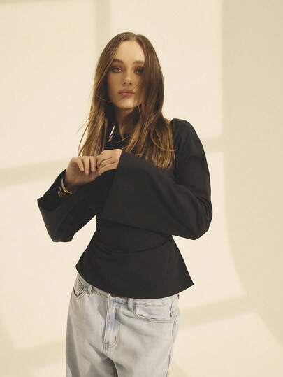 Aralina Fall/Winter Luxury Boat Neck And Long Flared Sleeve Top For Women With Cinched Waist And Black Corset Tops Lace Up Detail Perfect For Christmas Day Wedding Guest Office Outfits For Women Thanksgiving Valentine Christmas Festival Sexy Elegant Cosy Corporate Girls Chic