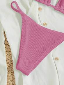 Swim Basics Summer Beach Women's Plain Simple Halter Strap Separated Bikini Set - Rusty Rose - View 3