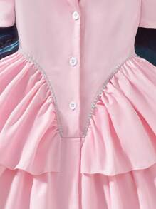 1pc Tween Girls Elegant Little Princess Style White Short Sleeve Multi-Layer Ruffle Cake Dress, Spring/Summer Fashion Dress For Girls Unique Dresses For Girls Pretty Dresses For Girls School Girl Dress Teen Girl Clothes Dress Button - Pink - View 5