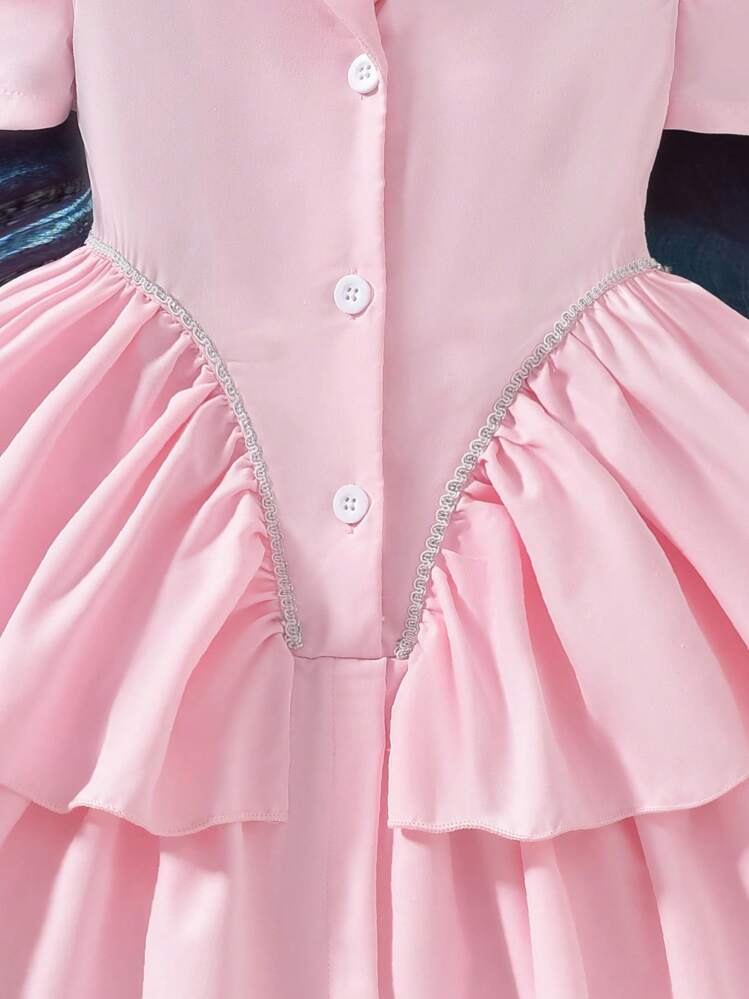 فستان كيكة أنيق بأكمام قصيرة متعدد الطبقات للبنات الصغيرات أسلوب الأميرة البيضاء ، للربيع/الصيف - وردي - مشاهدة 5