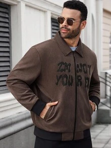 Manfinity Homme Plus Size Men's Letter Print Zip-Up Street Style Jacket, Autumn Mens Mocha Bomber Jacket Men Zip Up Jacket Men Graphic Jacket Brown Jacket Men Fleece - Brown - View 4