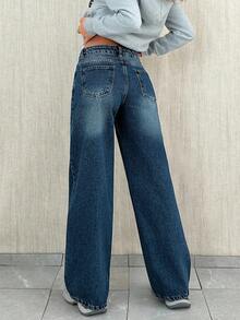 EURMUSE WOMEN CLASSIC LOW WAIST WIDELEG DARK BLUE WASH DENIM JEAN Y2K - Dark Wash - View 4