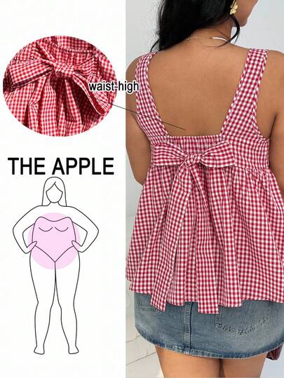 Solflare Plus Size Plaid Shirt With Bowknot Back Decor, Suitable For Daily Wear, Outings, Dates, Casual