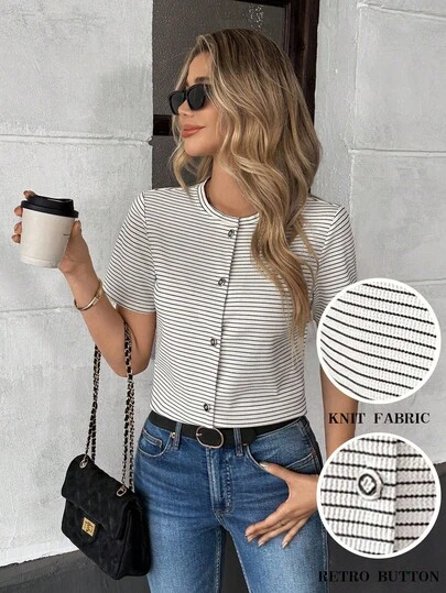 Pariaura Elegante blusa casual de mujer de estilo francés con cuello redondo, manga corta, rayas en blanco y negro, cuello acanalado ajustado, ropa de primavera/verano para la universidad