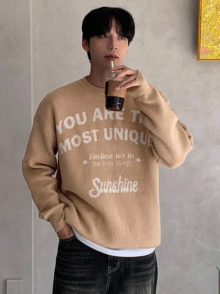 Men's Letter Jacquard Khaki Sweater, Autumn