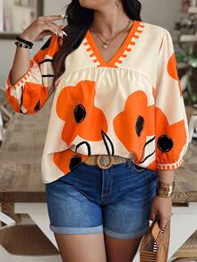 Weeklong 大码休闲随机花卉印花灯笼袖衬衫，秋季 - 彩色 - 查看 3