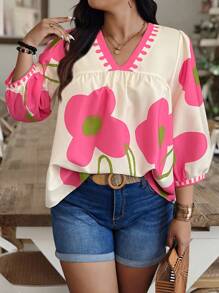 Weeklong Áo cánh tay đèn lồng cổ chữ V họa tiết hoa cỡ lớn cho nữ, mùa xuân/hè/thu - Nhiều màu - Xem 3