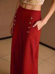 MOTF PREMIUM SOLID SLANT POCKET GOLD BUTTON DETAIL STRAIGHT LEG PANTS - Redwood - View 4