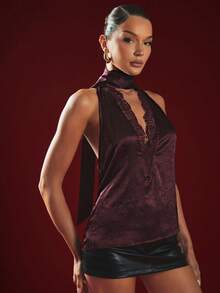 Hauture Women's Sexy Deep V Neck Lace Trim Sash Satin Top – Night Out, Party - Red - View 2
