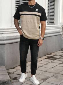 Manfinity Homme Plus Size Men's Colorblock Graphic Print Round Neck Short Sleeve T-Shirt - Khaki - View 4