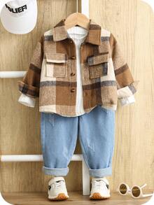 SHEIN 3件套男女通用婴儿格子衬衫、外套、牛仔裤三件套，秋冬季婴儿服装 - 彩色 - 查看 1