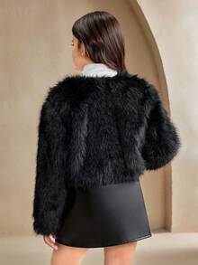 SHEIN Elladie kids Tween Girl Cropped Fluffy Fuzzy Coat, Elegant And Cute, Autumn/Winter - Black - View 2