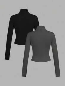 SHEIN EZwear 2 件套深灰色和黑色针织拉链长袖 T 恤女士，适合秋冬季 - 彩色 - 查看 2