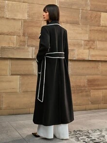 CLARA VERO Contrast Color Trim Belted Pocket Elegant Long Sleeve Winter Jacket - Black - View 2