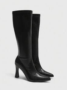 CUCCOO BIZCHIC 黑色尖头高跟及膝靴，新款秋冬女士弹力修身长靴，适合工作/日常穿着 - 黑色 - 查看 3