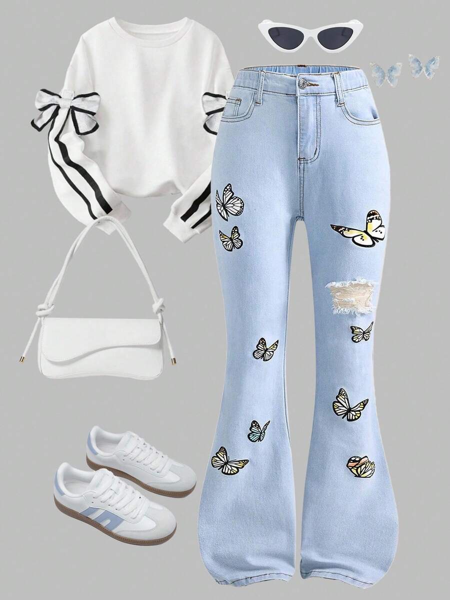 2025年秋冬少女蝴蝶印花破洞喇叭牛仔裤 - 淺色水洗藍 - 查看 1