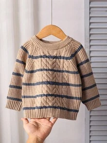 SHEIN 男女通用婴儿可爱条纹长袖毛衣，休闲百搭，适合秋冬季 - 彩色 - 查看 8