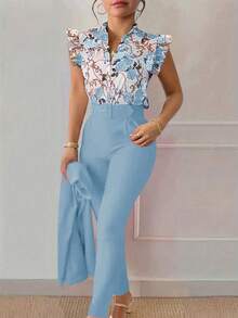 SHEIN Clasi Bộ 2 món áo sơ mi họa tiết hoa đi làm thanh lịch và quần dài màu trơn dành cho nữ (thắt lưng trang trí) - Màu xanh nhạt - Xem 3