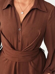 Elenzga Mono informal de talla grande con cintura ajustada y unicolor - Marrón - Ver 7