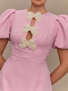 Enchnt 女士珍珠蝴蝶结装饰短袖连衣裙 - 粉色 - 查看 2