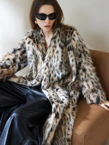 Aveloria Modichic 豹纹V领系带奢华长款喇叭人造皮草大衣，欧美时尚风格 - 彩色 - 查看 3