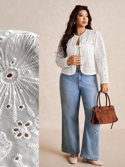 Elaquor Chaqueta casual de mujer talla grande con bordado floral, cuello redondo y manga larga con abotonadura sencilla