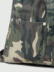 ROMWE Grunge Punk Mochila con cordón de cierre, de gran capacidad y de patrón de camuflaje vintage, versátil y casual, adecuada para ir al trabajo, actividades sociales y compras - Verde - Ver 5