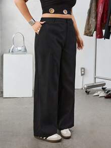 SHEIN EZwear 秋冬大码纯色斜口袋休闲基本款西装裤 - 黑色 - 查看 5