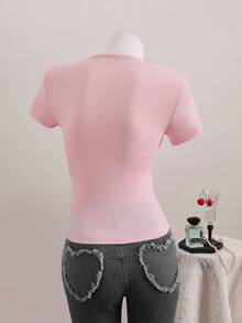 INAWLY Women Ruched Crew Neck Short Sleeve Button Decorated Fitted Elegant T-Shirt - Pink - View 2