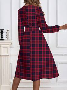 SHEIN Clasi Váy dài tay cổ tròn họa tiết kẻ caro cổ điển thanh lịch dành cho nữ, màu đỏ - Nhiều màu - Xem 2