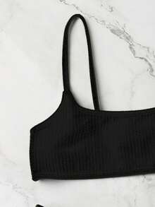 Swim Basics Summer Beach Plain Rib Bikini Set - Black - View 3