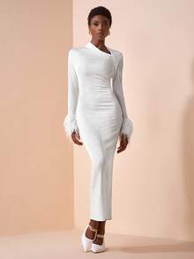 Zivah 2025 Autumn New Music Festival, Easter, St. Patrick's Day, Western, Nomadic, Birthday Party, Graduation, College Style, Student Wear, Daily Casual, All-Match Versatile, Leisure, Cruise Travel, Beach, Sunbathing, Viral , Streetwear, Wedding Guest Boho, Commute, Brunch, Airport, Asymmetric Design White Long Textured Glossy Feather Sleeve Patchwork Long Sleeve White Dress - White - View 7