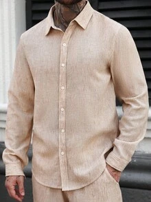 Manfinity Homme 男士单排扣休闲亚麻长袖宽松衬衫男士亚麻衬衫米色男士衬衫裸色衬衫，适合秋季 - 卡其色 - 查看 5