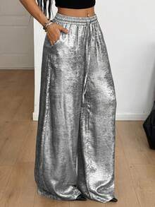 Coolane Women's All-Season  Streetwear  Grunge  Y2K  Rave Outfit  Sparkly  Elastic Waistband Silvery Curved Hem Pants