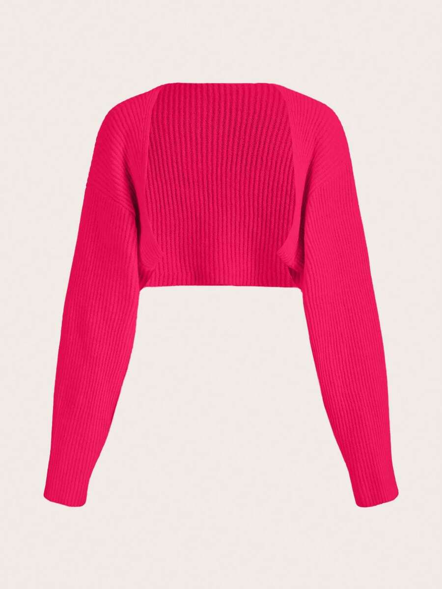 EURMUSE Y2K Grunge Drop Shoulder Open Front Crop Cardigan Without Tube Top - Hot Pink - View 1
