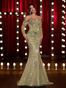 Glamrae Elegant Luxurious Green Off Shoulder Sheer Long Sleeve Mermaid Maxi Dress,Heavily Embellished Gown For Weddings,Parties,Galas,Formal Events - Grass Green - View 8