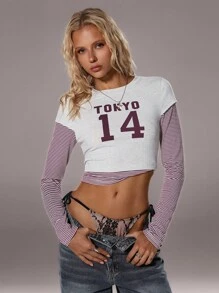 TRNVIE 1pc Women's Gray Round Neck Striped Patchwork Casual T-Shirt, Autumn