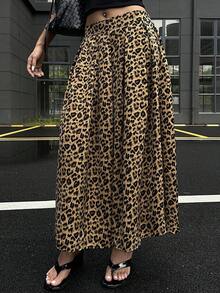DAZY 女士休闲豹纹百褶裙，秋冬女装半身裙 - 咖啡棕 - 查看 3