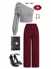 SHEIN Clasi 秋冬女士优雅纯色高腰办公室裤 - 紫紅色 - 查看 8