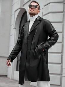 Manfinity CasualCool 男士纯色翻领长袖单排扣休闲 PU 皮革风衣，秋季 - 黑色 - 查看 1