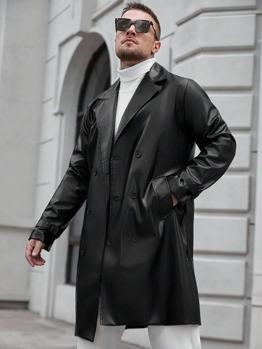 Manfinity CasualCool 男士纯色翻领长袖单排扣休闲 PU 皮革风衣，秋季 - 黑色 - 查看 1