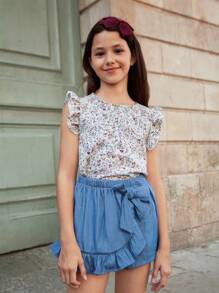 SHEIN Tween Girl Ruffle Trim Bow Front Skort