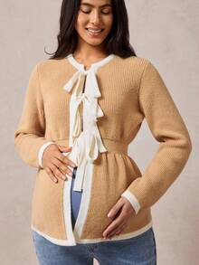 Boho Mama Maternity Casual Color Block Trim Tie Front Cardigan,Vintage - Khaki - View 4