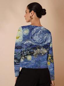 Shutterstock Glamance جاكيت كاجوال بسيطة للنساء، مناسبة للخريف، طباعة فنية على الكارديجان، كارديجان أزرق للنساء - متعدد الألوان - مشاهدة 2