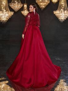 Glamrae Váy dài maxi đuôi cá dáng đuôi cá dài tay đính sequin sang trọng màu đỏ thanh lịch cổ đứng bằng vải satin lưới trong suốt cổ chữ V đính sequin lấp lánh có đuôi dài ấn tượng cho những dịp trang trọng - Đỏ - Xem 5