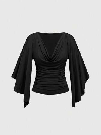 ROMWE Hippie חולצת טריקו לנשים עם צווארון עגול מותן קשיח עם כתף קרה ועטלף, קישוט חרוזי עץ וינטג'