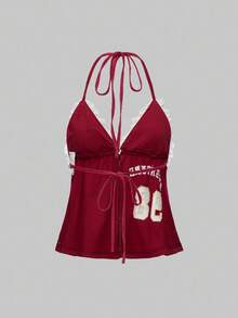 ROMWE Avant Women's Y2K Retro Jersey Girl Sports Ballet Sexy Lace Trim Letter Embroidered Decorative Halter Neck Camisole - Burgundy - View 4