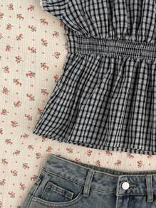 CovetEZ 女士黑白格纹编织鸡心领口衬衫，短袖